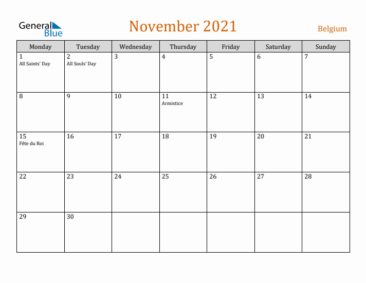 November 2021 Holiday Calendar with Monday Start