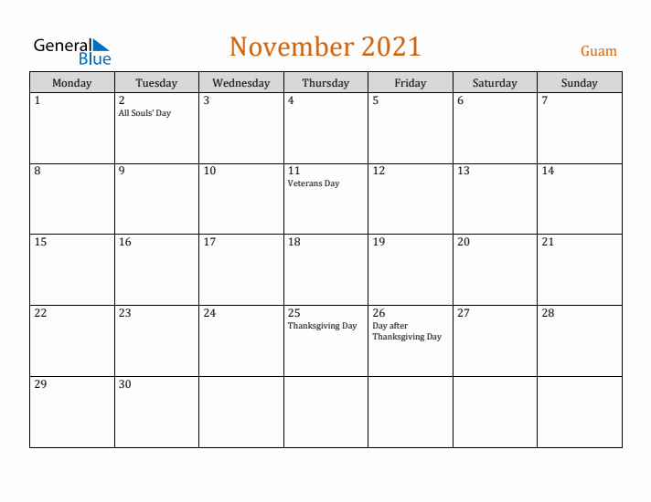 November 2021 Holiday Calendar with Monday Start