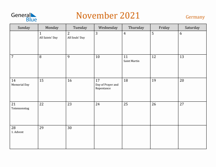 November 2021 Holiday Calendar with Sunday Start