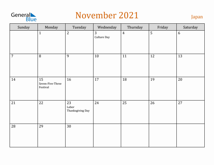 November 2021 Holiday Calendar with Sunday Start