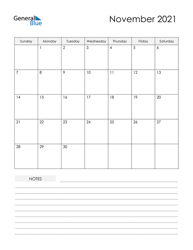  Printable Calendar with Notes - November 2021