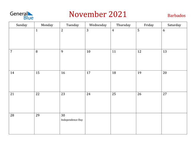 Barbados November 2021 Calendar