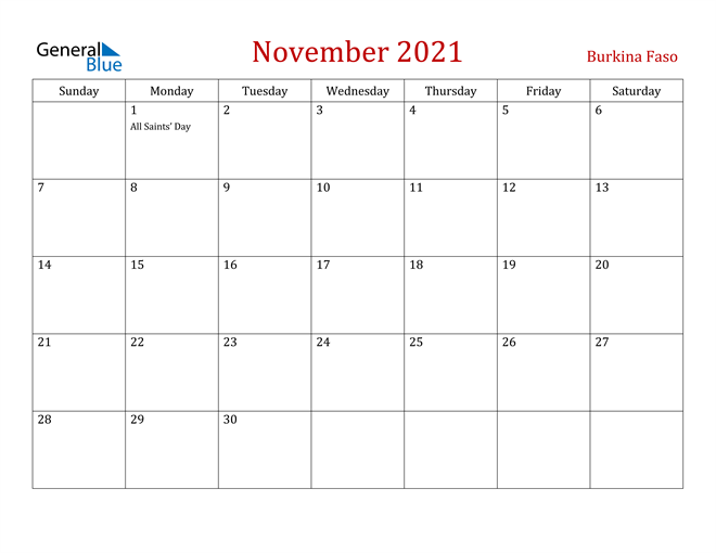 Burkina Faso November 2021 Calendar