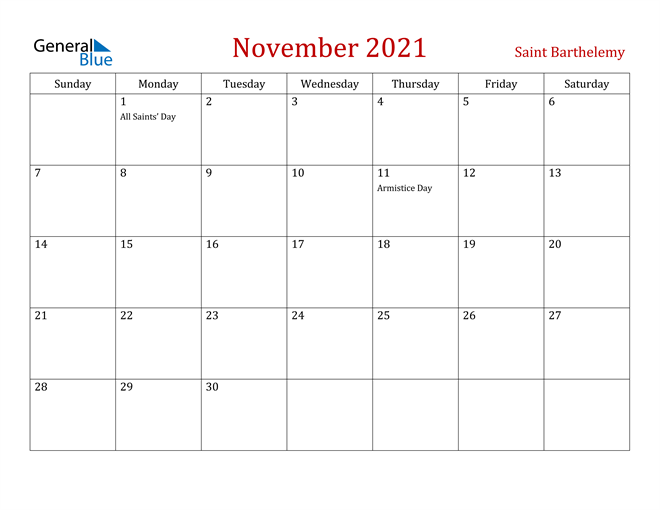 Saint Barthelemy November 2021 Calendar