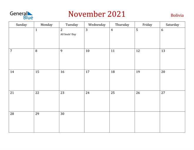 Bolivia November 2021 Calendar