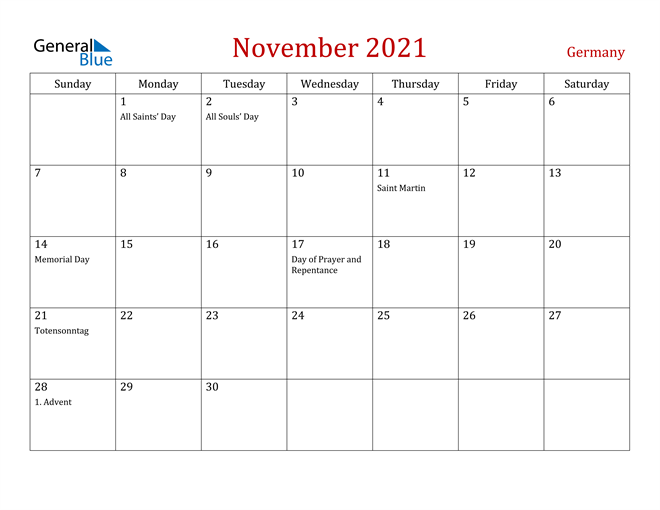 Germany November 2021 Calendar