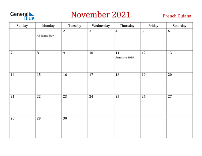 French Guiana November 2021 Calendar