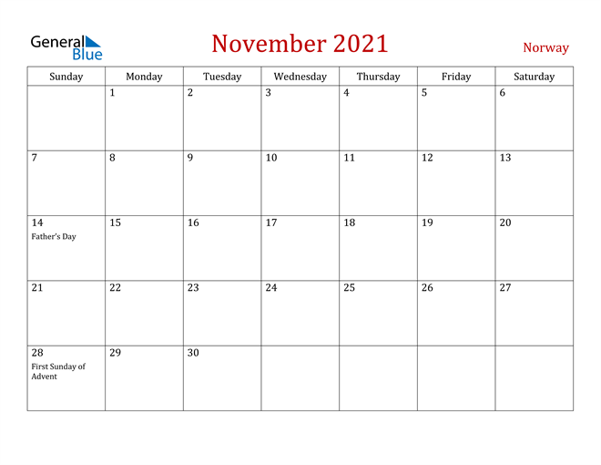 Norway November 2021 Calendar