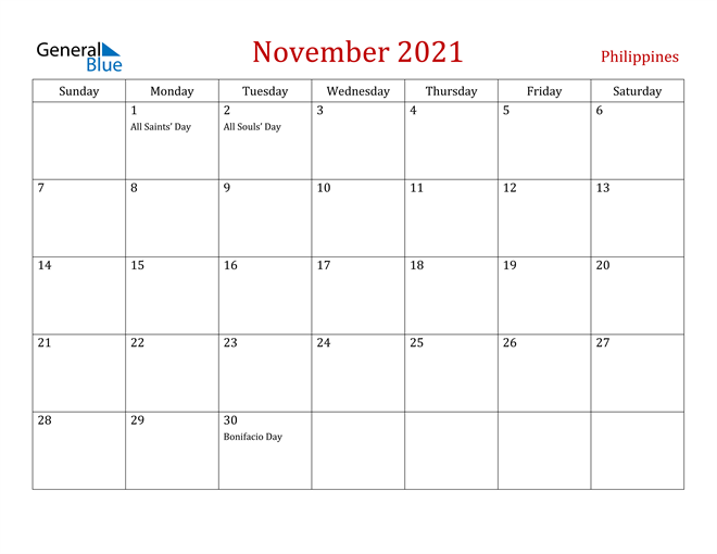 Philippines November 2021 Calendar