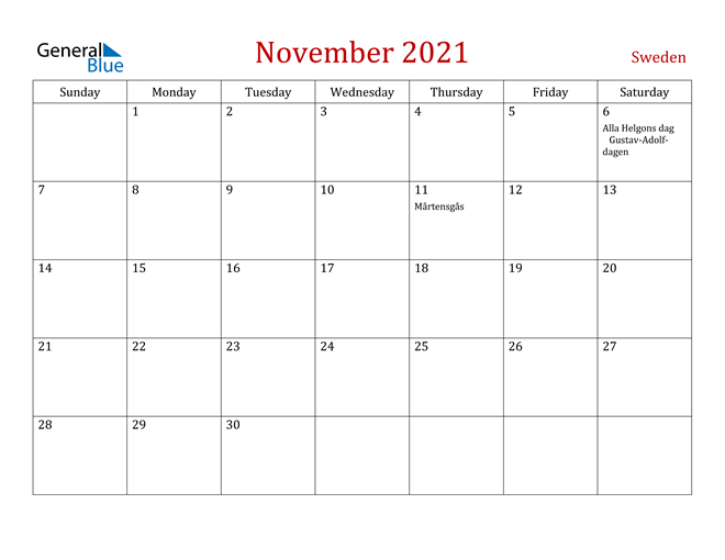Sweden November 2021 Calendar
