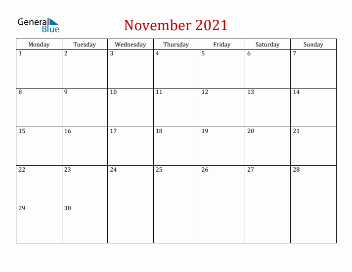 Blank November 2021 Calendar with Monday Start