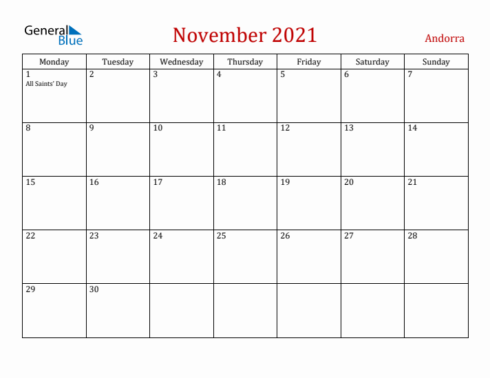 Andorra November 2021 Calendar - Monday Start