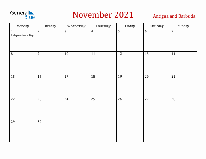 Antigua and Barbuda November 2021 Calendar - Monday Start