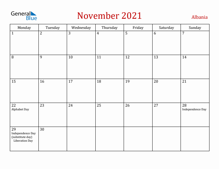 Albania November 2021 Calendar - Monday Start