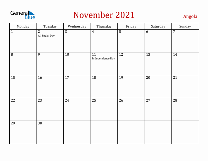 Angola November 2021 Calendar - Monday Start