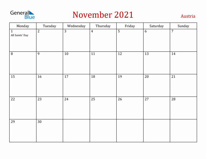 Austria November 2021 Calendar - Monday Start