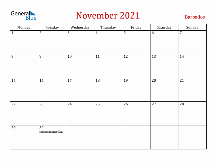 Barbados November 2021 Calendar - Monday Start