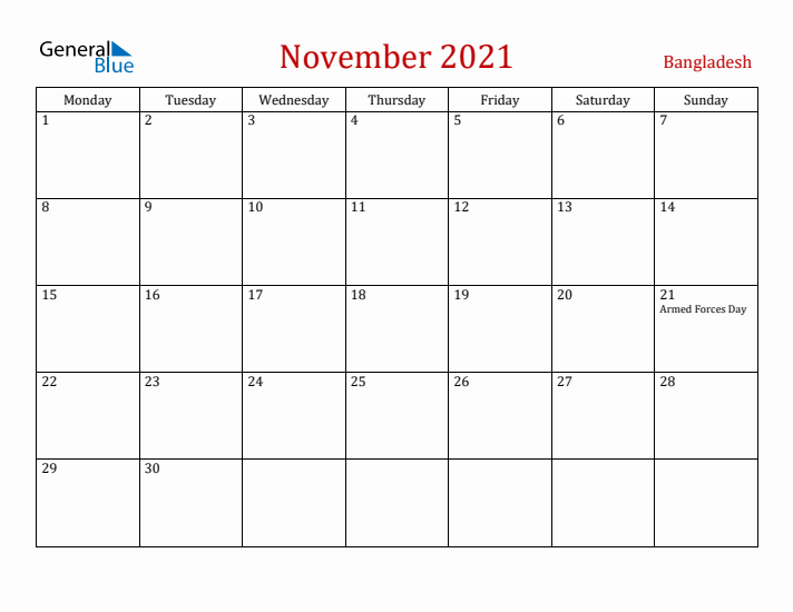 Bangladesh November 2021 Calendar - Monday Start