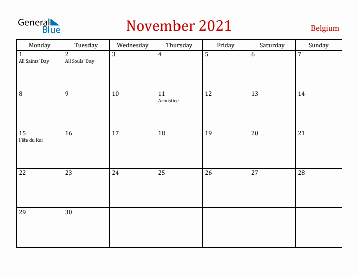 Belgium November 2021 Calendar - Monday Start