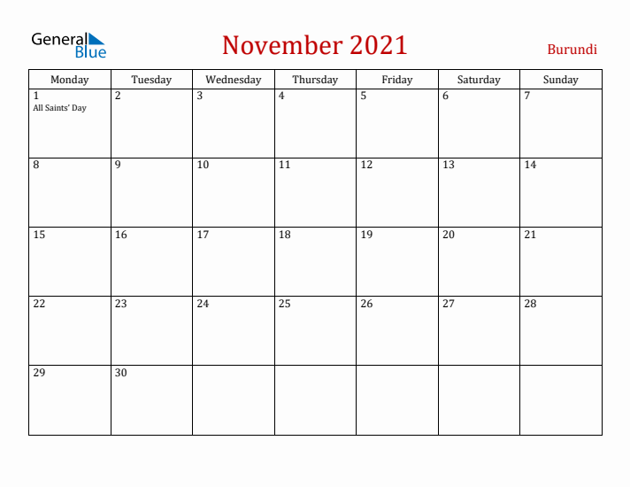 Burundi November 2021 Calendar - Monday Start