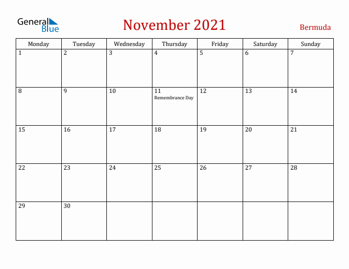 Bermuda November 2021 Calendar - Monday Start