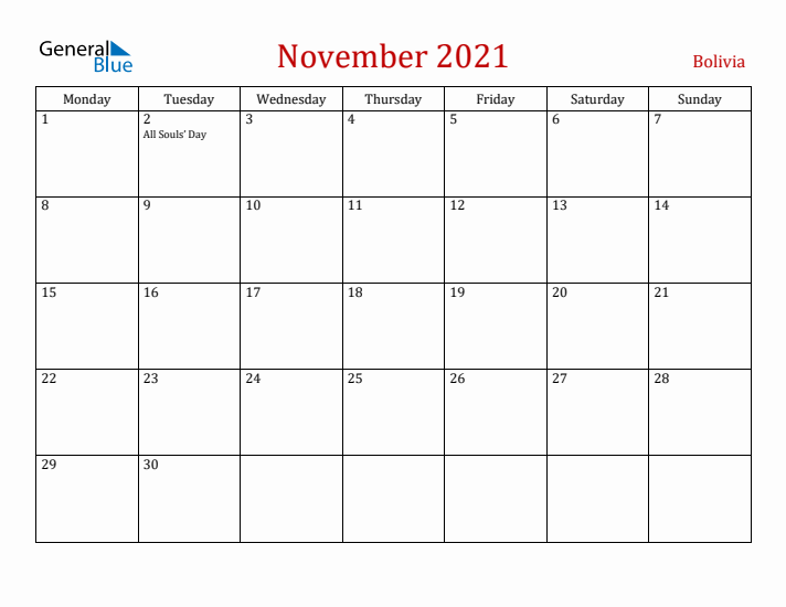 Bolivia November 2021 Calendar - Monday Start