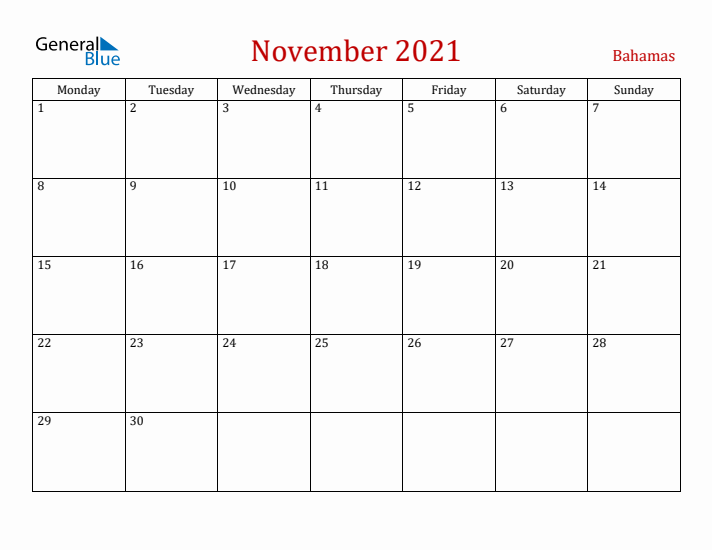 Bahamas November 2021 Calendar - Monday Start