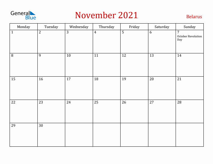 Belarus November 2021 Calendar - Monday Start