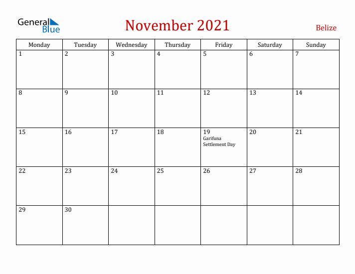Belize November 2021 Calendar - Monday Start
