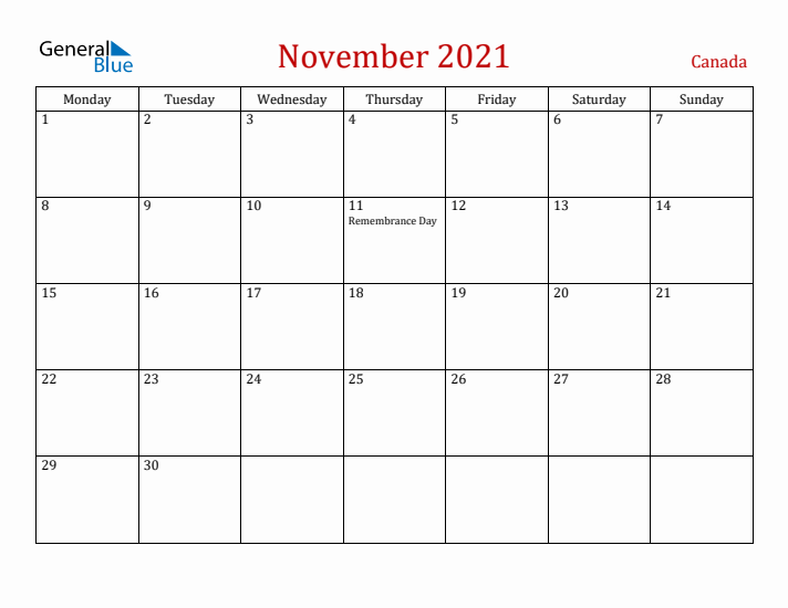 Canada November 2021 Calendar - Monday Start