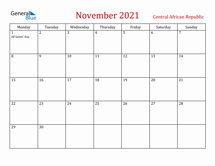 Central African Republic November 2021 Calendar - Monday Start