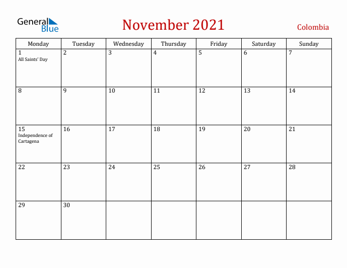 Colombia November 2021 Calendar - Monday Start
