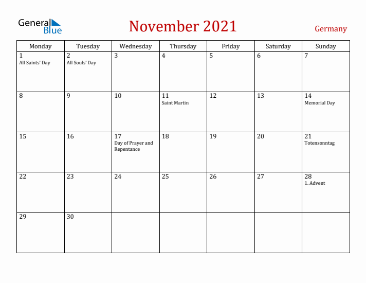 Germany November 2021 Calendar - Monday Start