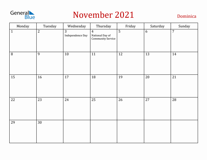 Dominica November 2021 Calendar - Monday Start