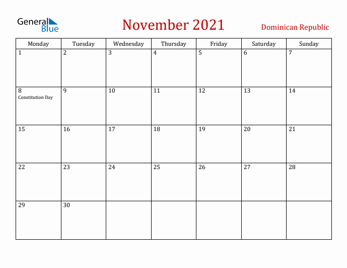 Dominican Republic November 2021 Calendar - Monday Start