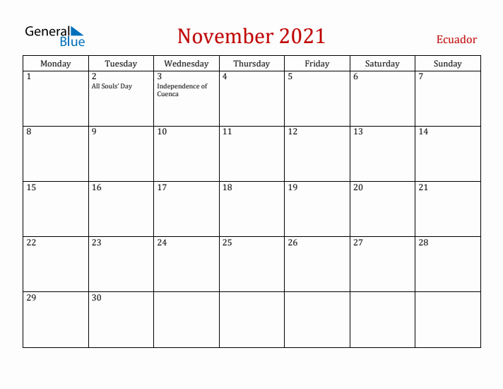 Ecuador November 2021 Calendar - Monday Start