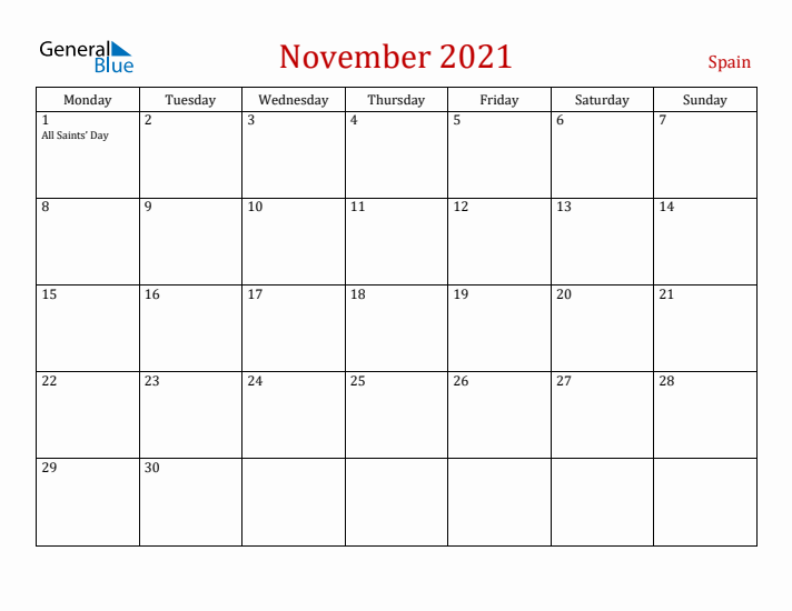 Spain November 2021 Calendar - Monday Start