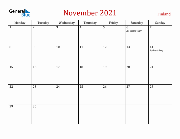 Finland November 2021 Calendar - Monday Start