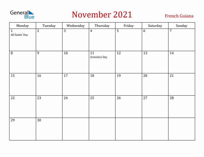 French Guiana November 2021 Calendar - Monday Start