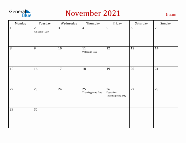 Guam November 2021 Calendar - Monday Start