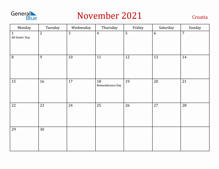 Croatia November 2021 Calendar - Monday Start