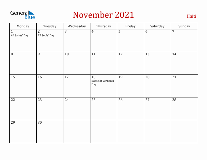 Haiti November 2021 Calendar - Monday Start