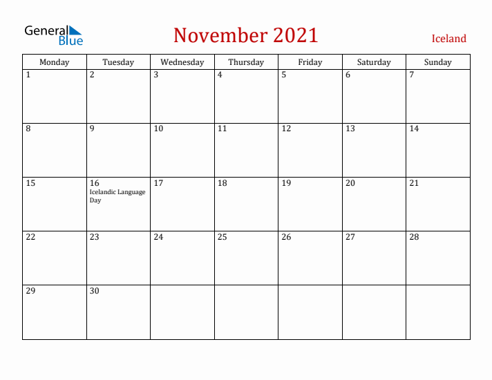 Iceland November 2021 Calendar - Monday Start
