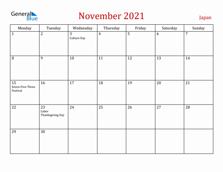 Japan November 2021 Calendar - Monday Start