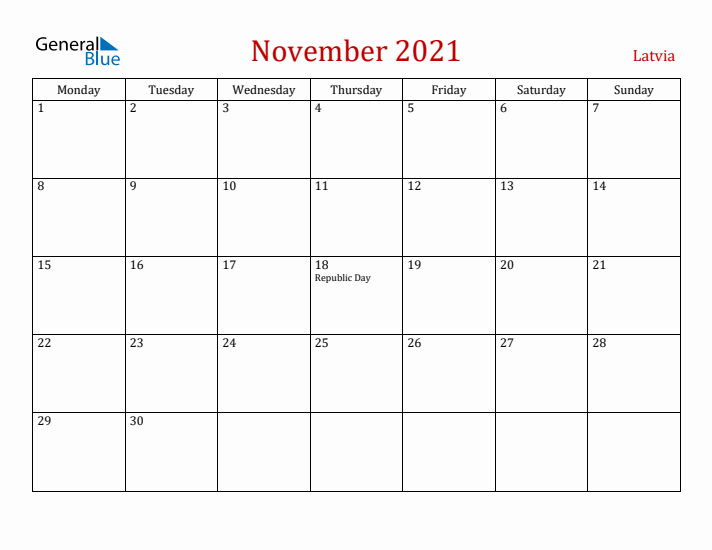 Latvia November 2021 Calendar - Monday Start