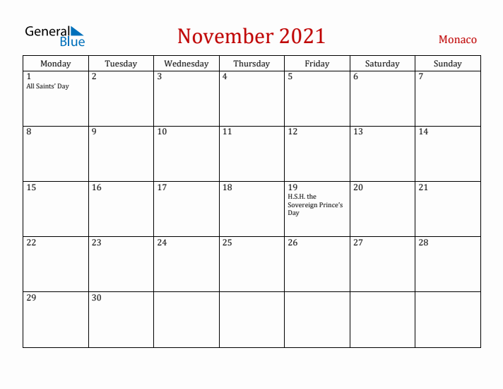 Monaco November 2021 Calendar - Monday Start