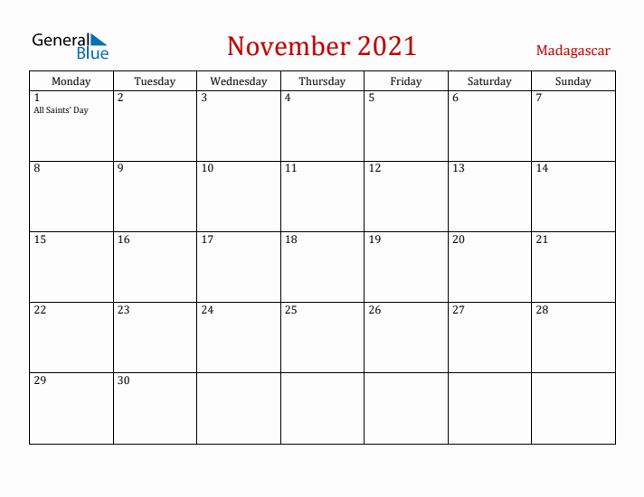 Madagascar November 2021 Calendar - Monday Start