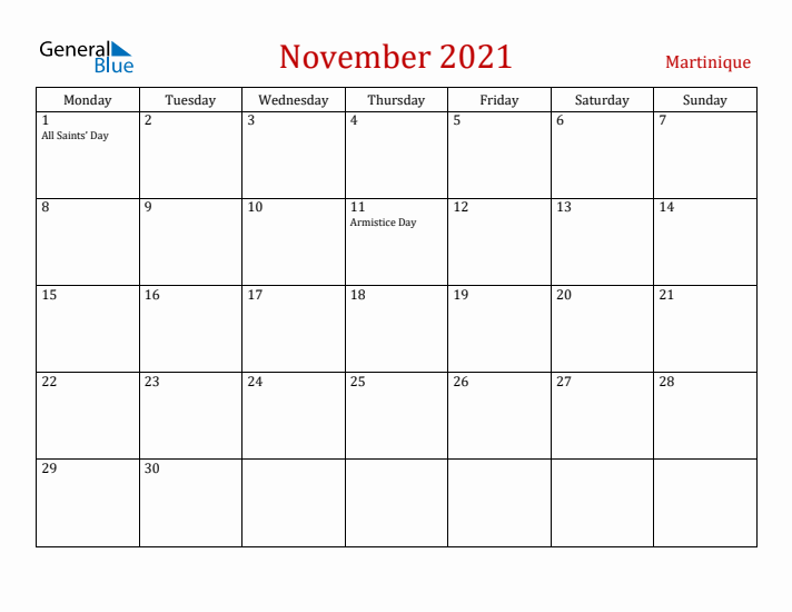 Martinique November 2021 Calendar - Monday Start
