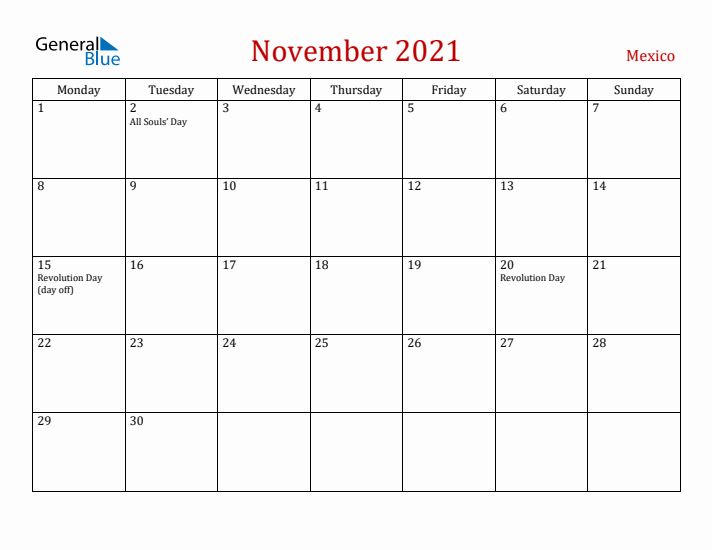 Mexico November 2021 Calendar - Monday Start