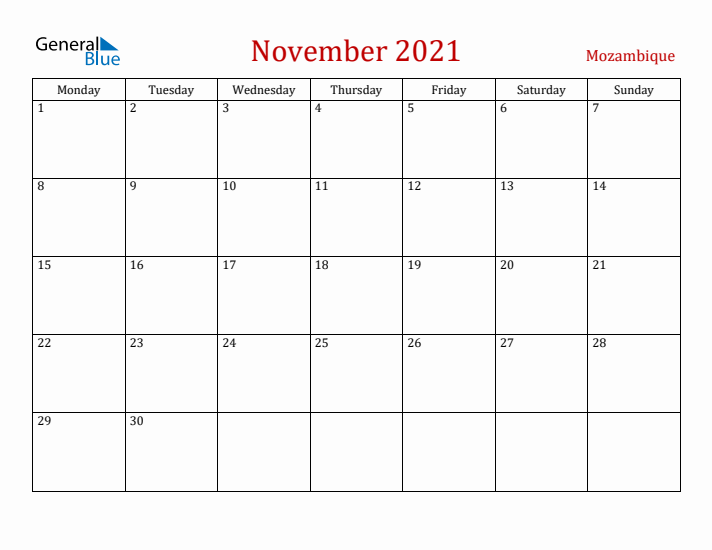 Mozambique November 2021 Calendar - Monday Start